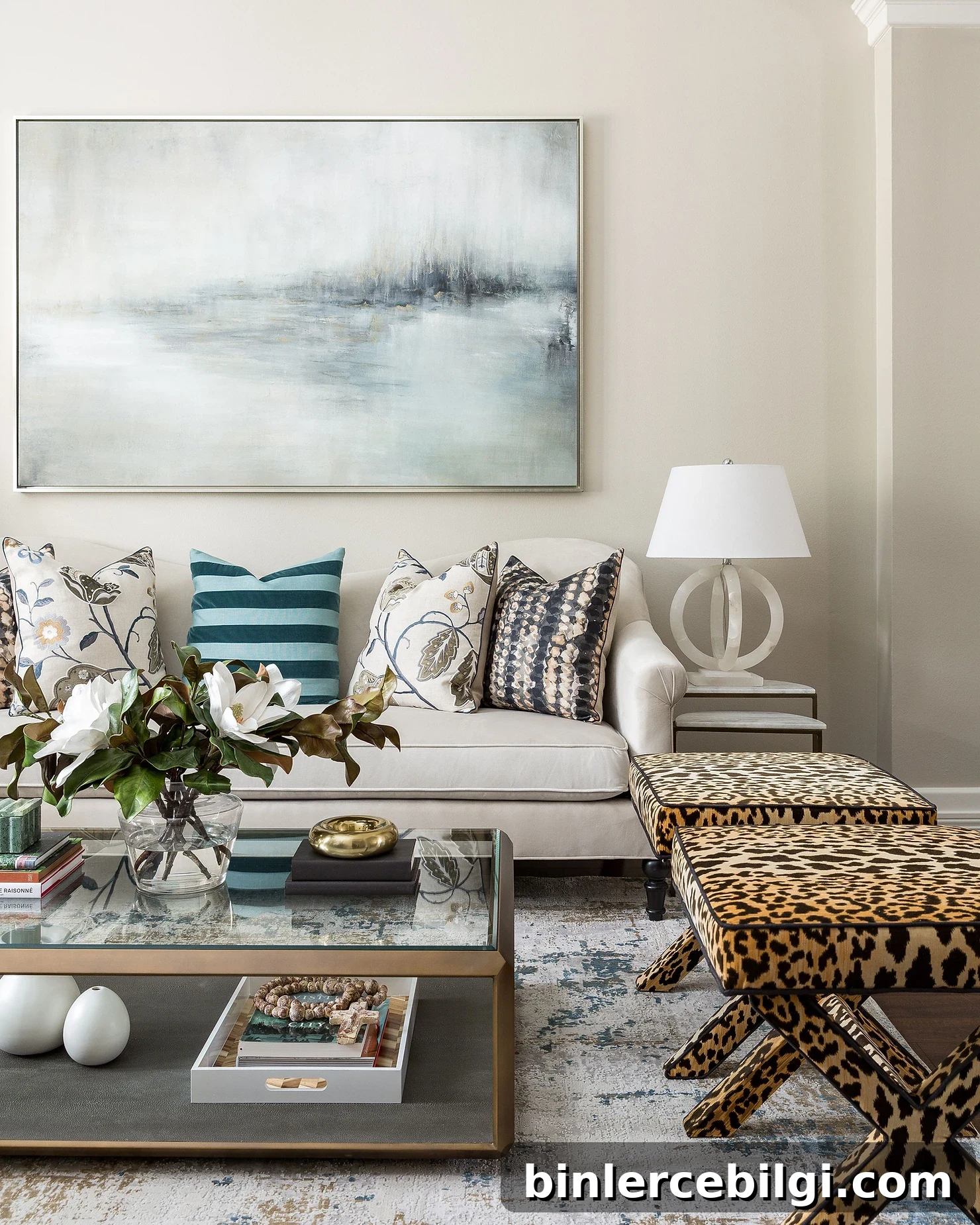 How to Use Benjamin Moore Balboa Mist Paint in Your Home 3 living room with bold patterned decor and greige walls
