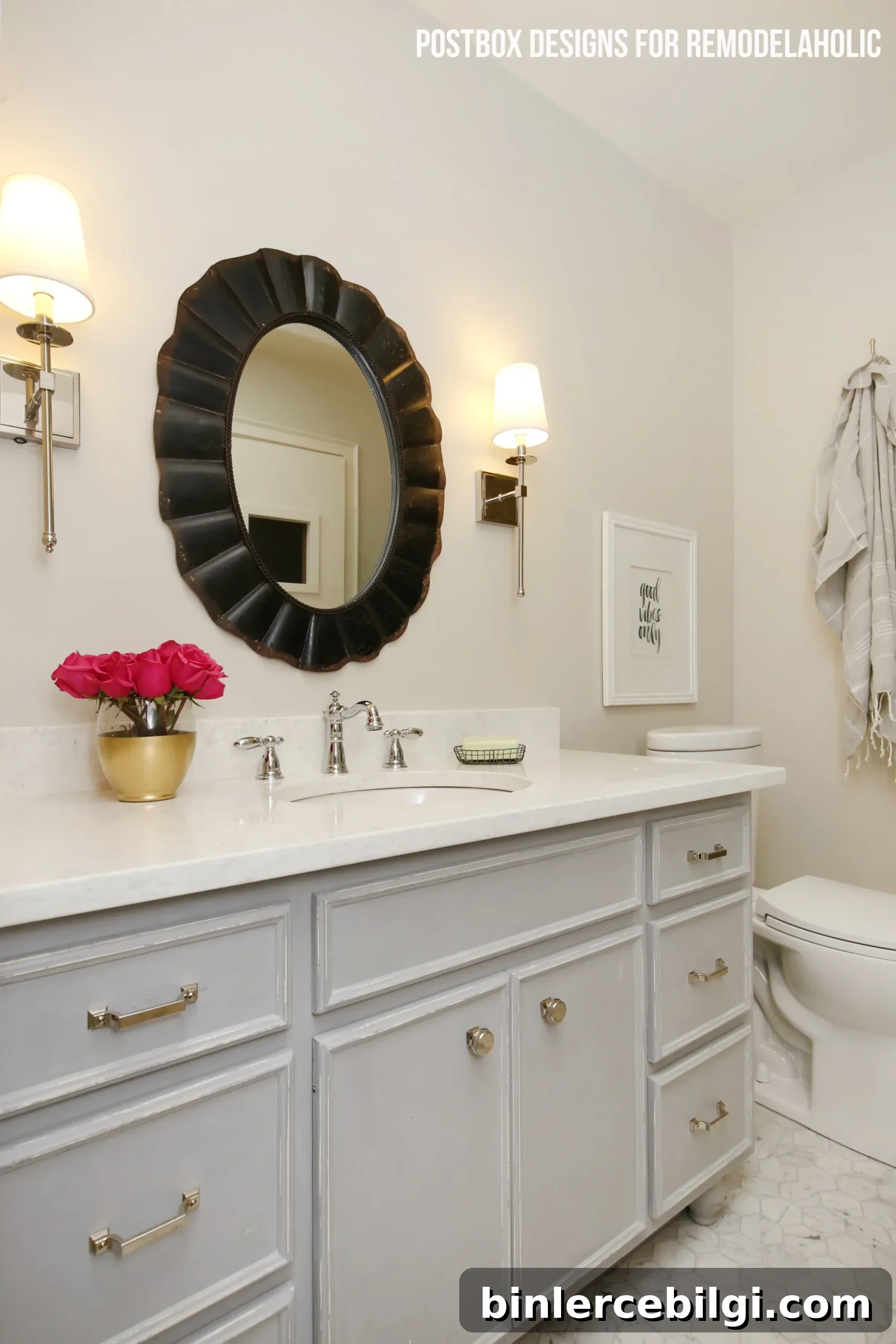 How to Use Benjamin Moore Balboa Mist Paint in Your Home 4 bathroom with BM Balboa Mist walls and gray vanity