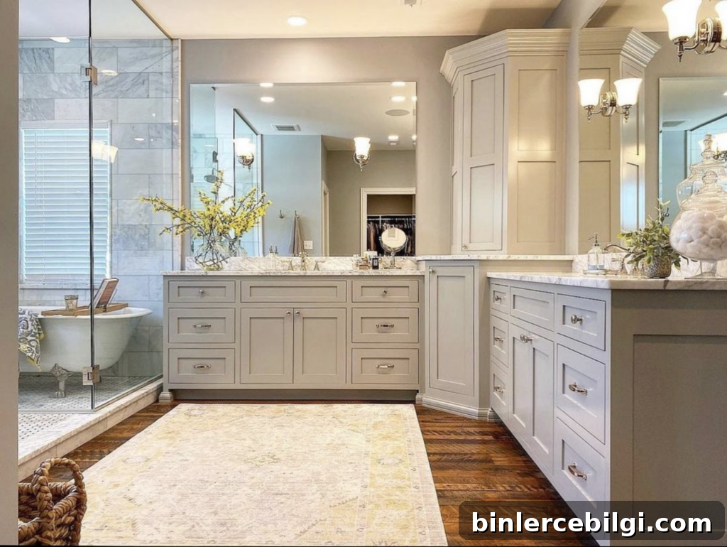 Spacious gray bathroom with clawfoot tub inside the shower and a large area rug on the floor.