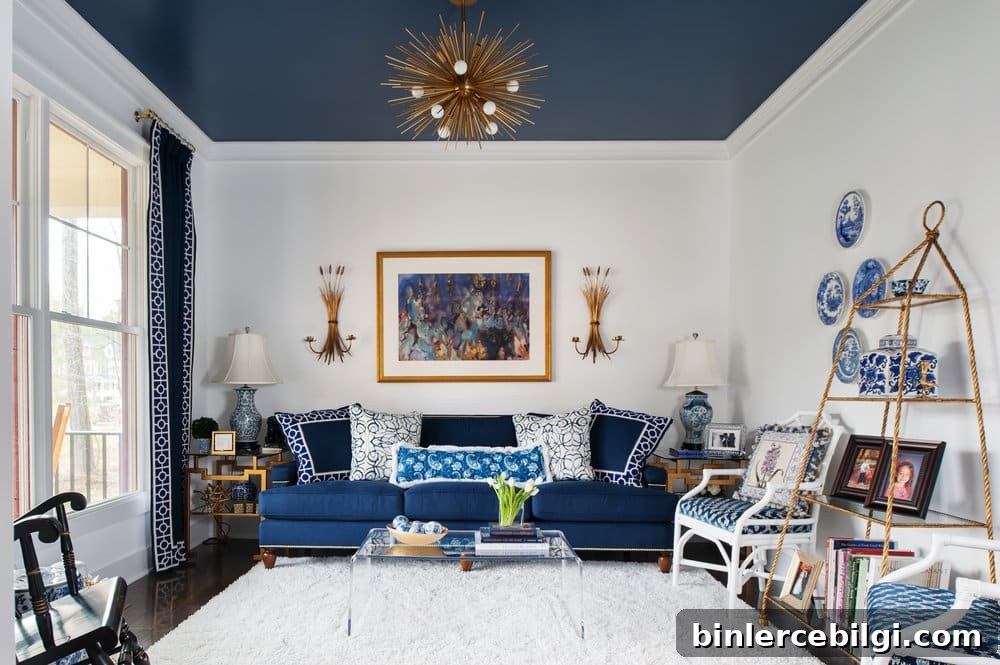living room with navy ceiling