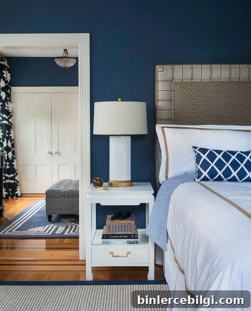 bedroom with navy walls