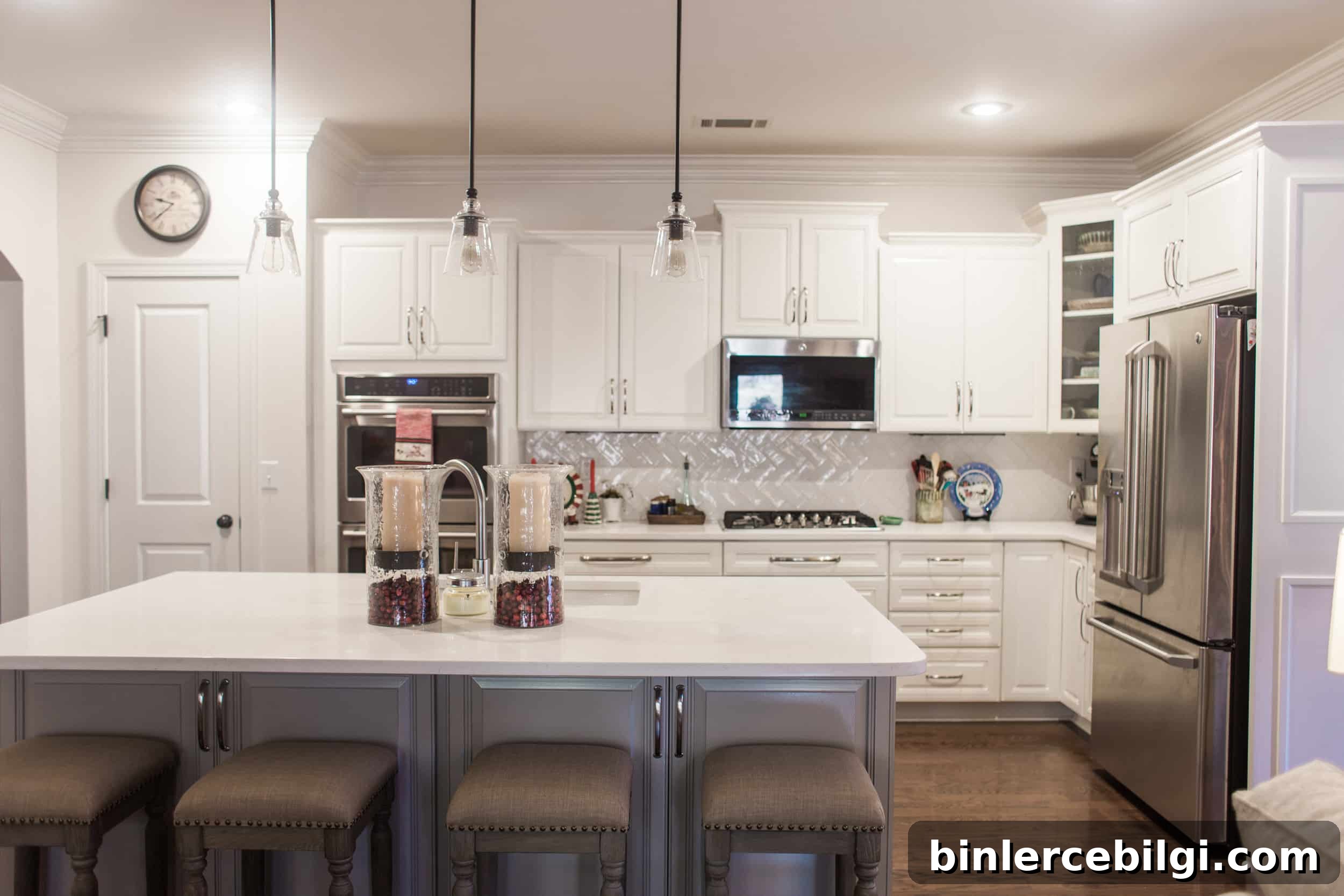neutral paint colors featured in large kitchen including BM Sea Pearl 