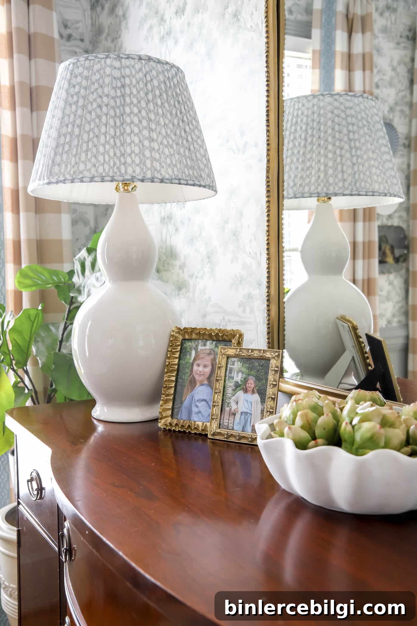 Faux artichokes in a bowl for spring dining room decor