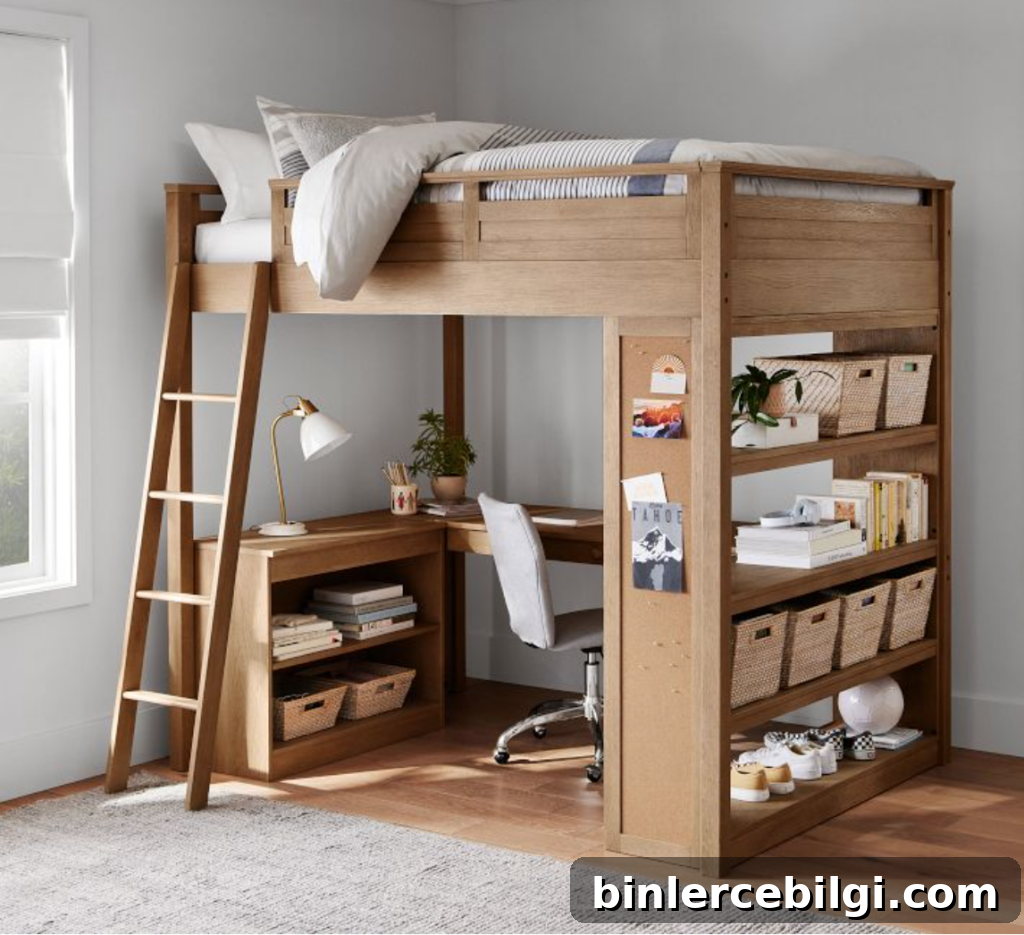 sleep and study loft bed idea for small rooms from Pottery Barn