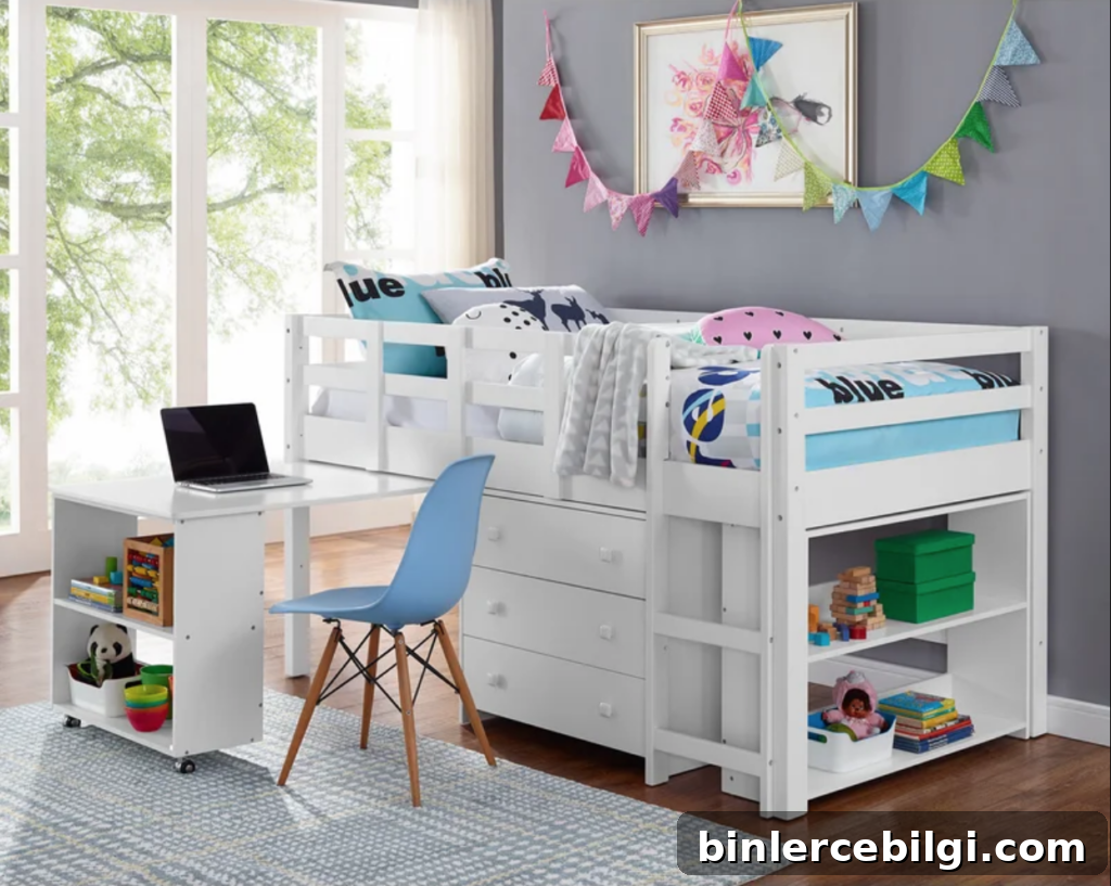multi functional raised bed with storage and a desk