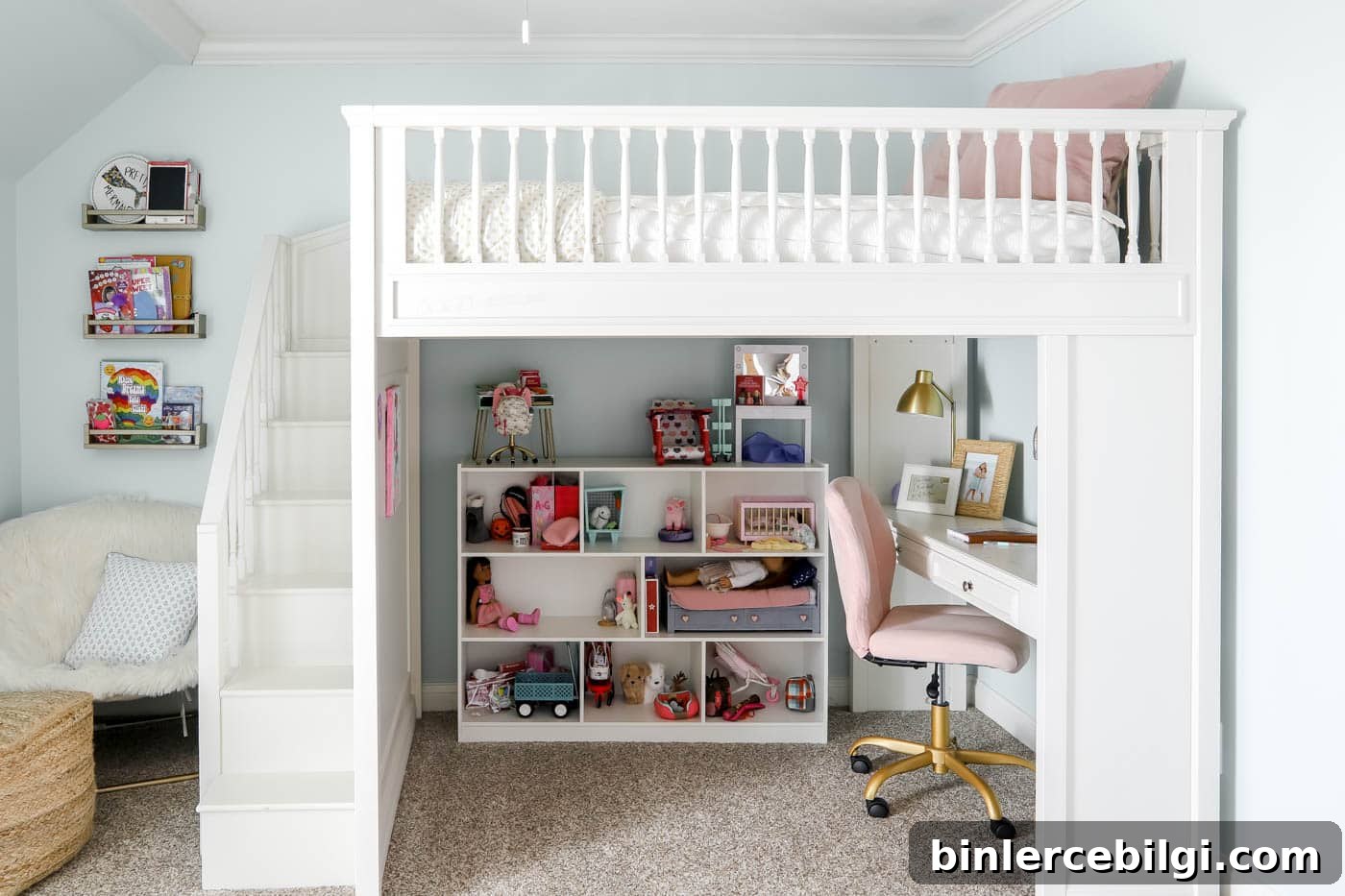 loft bed with toy storage and a desk underneath.