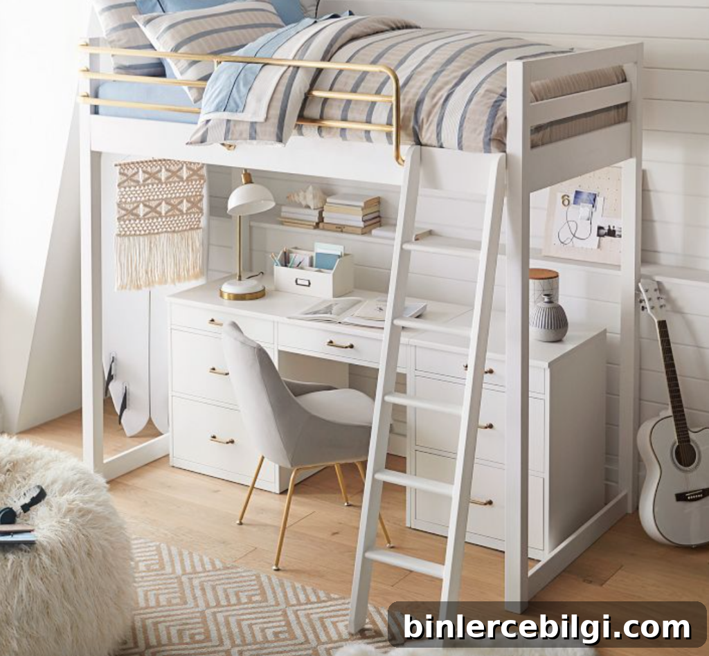 raised bed with a desk under it for a small room from Pottery Barn