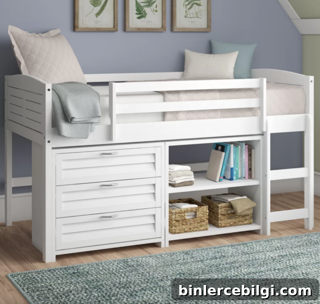 Twin raised bed with shelves and drawers for storage