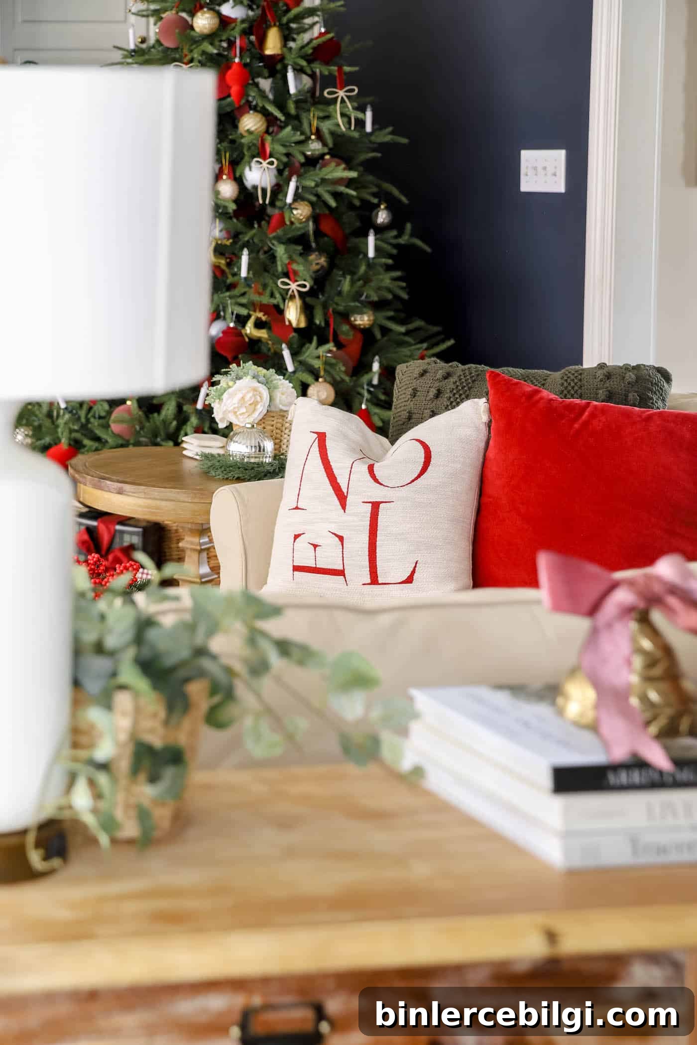 Noel red pillow on the sofa for red christmas decor