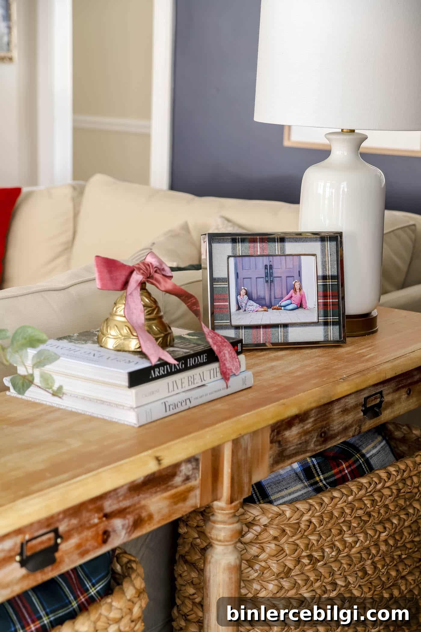 console table decorated for Christmas