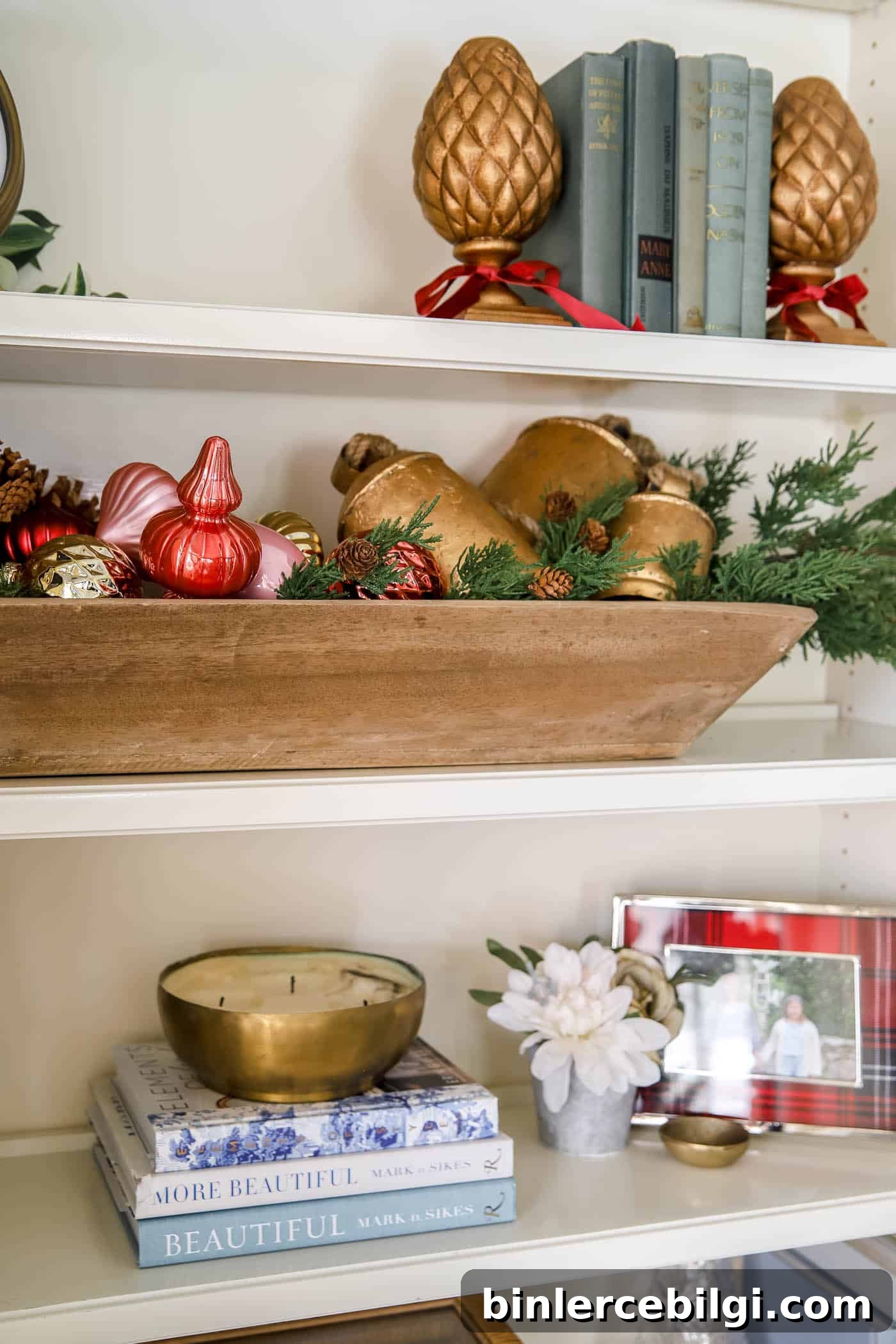 red Christmas decor on shelves