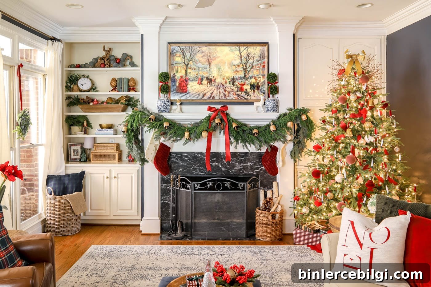 Red and white Christmas decor in living room