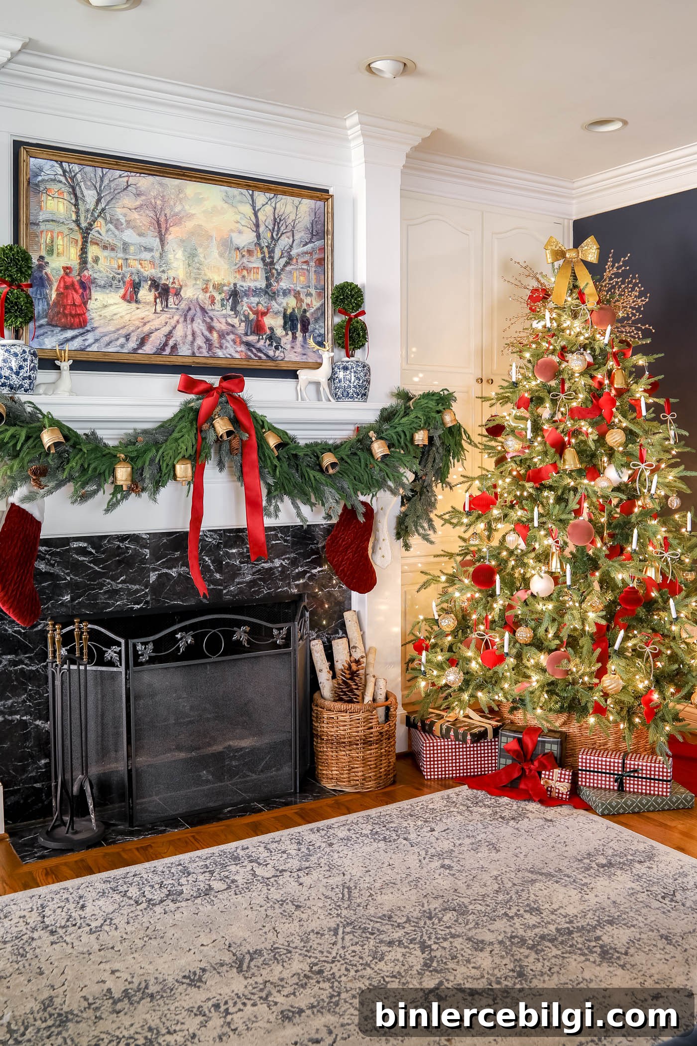 wrapped gifts under tree in red christmas decor room