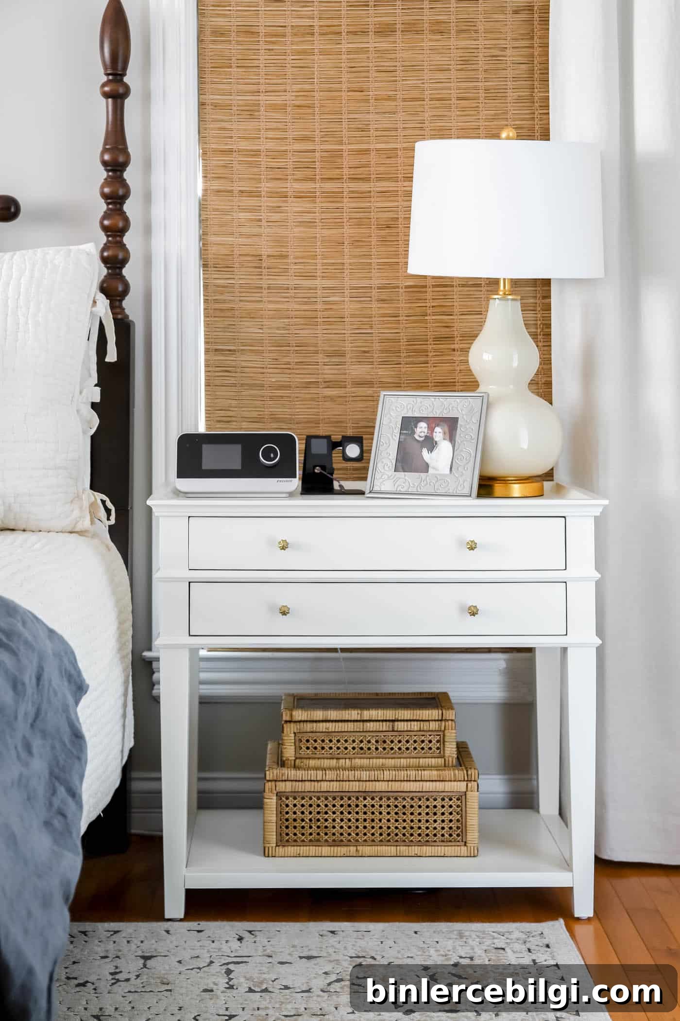 clutter-free white bedside table
