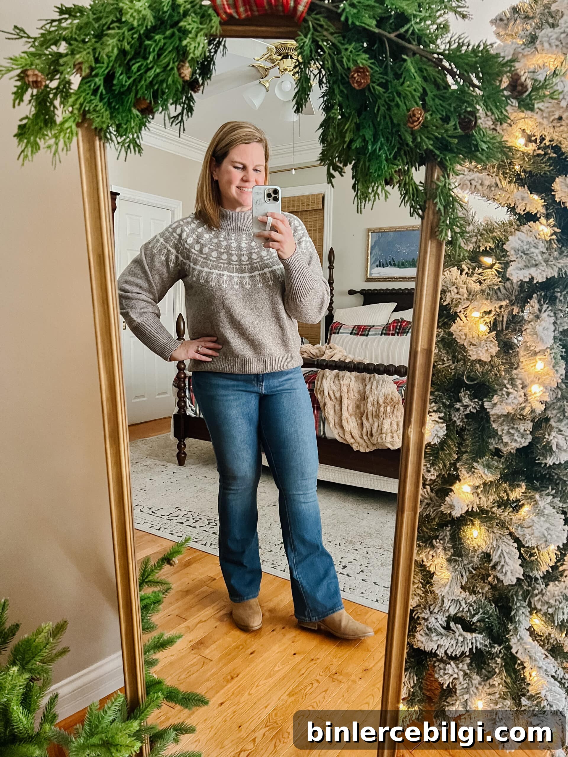 fair isle sweater with bootcut jeans and ankle boots