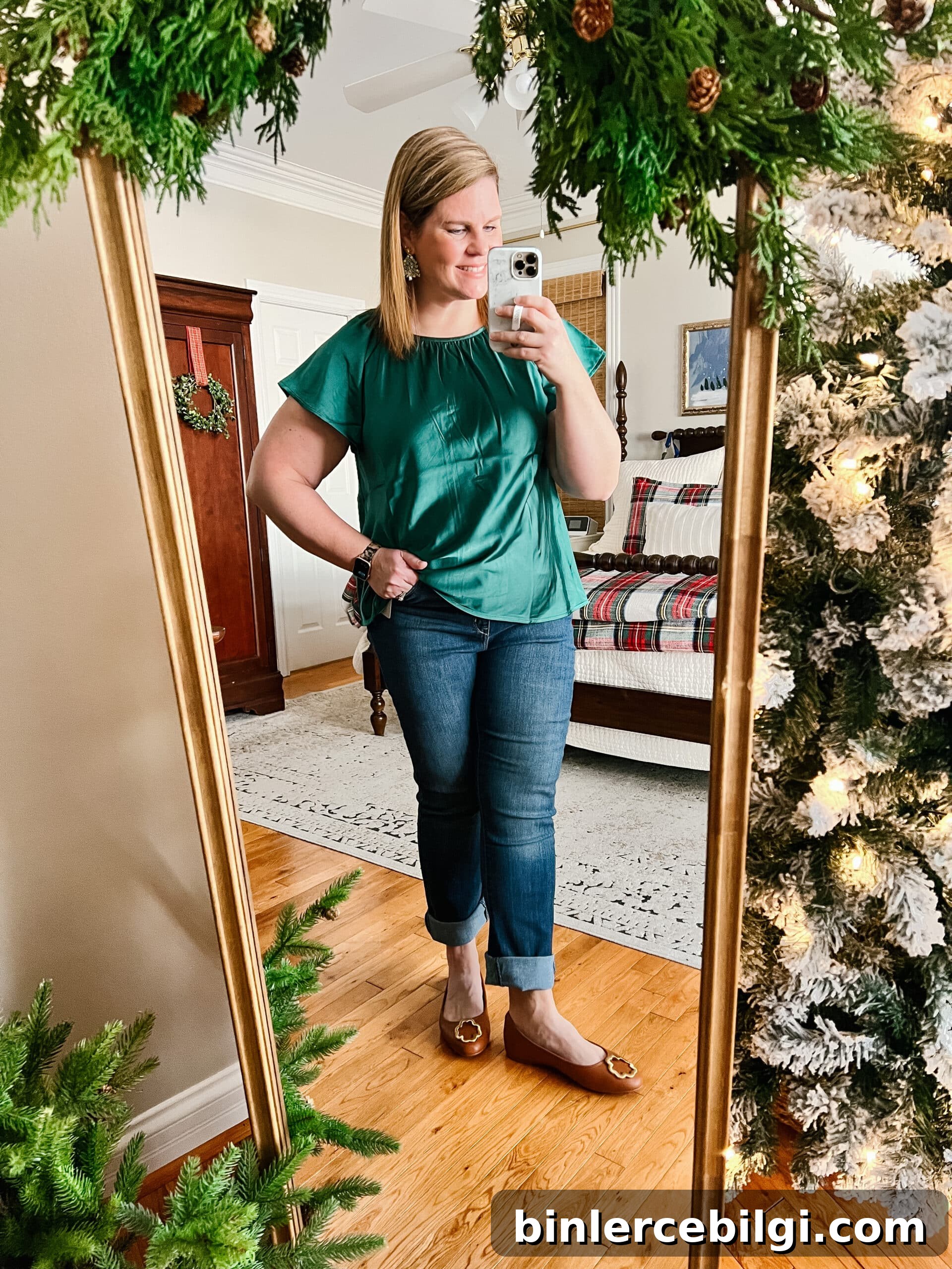 satin top with straight jeans and ballet flats