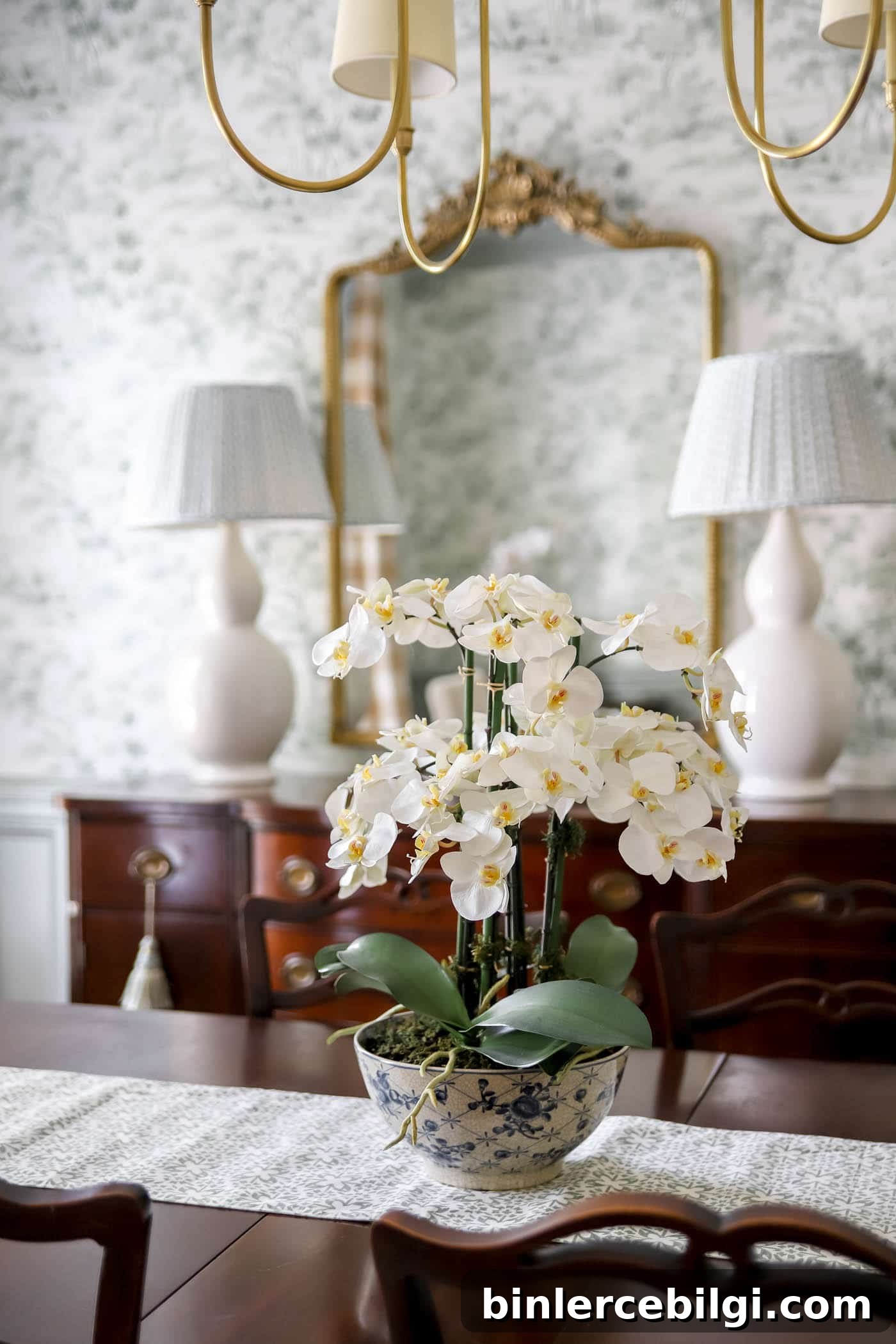 Faux orchid plant in dining room