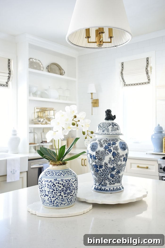 ginger jar centerpieces in kitchen