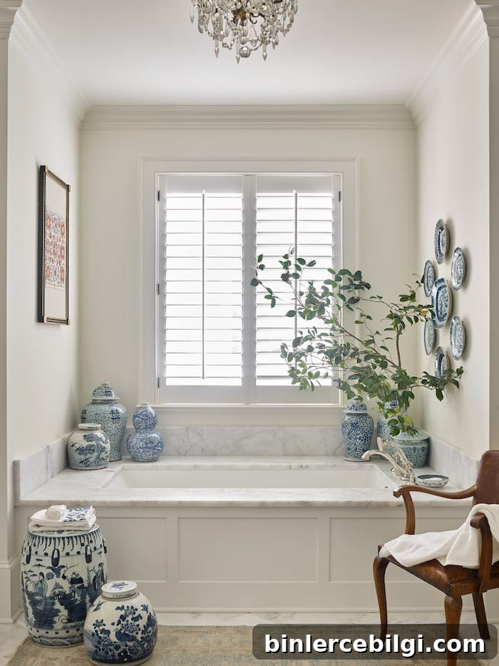 ginger jars next to bathtub