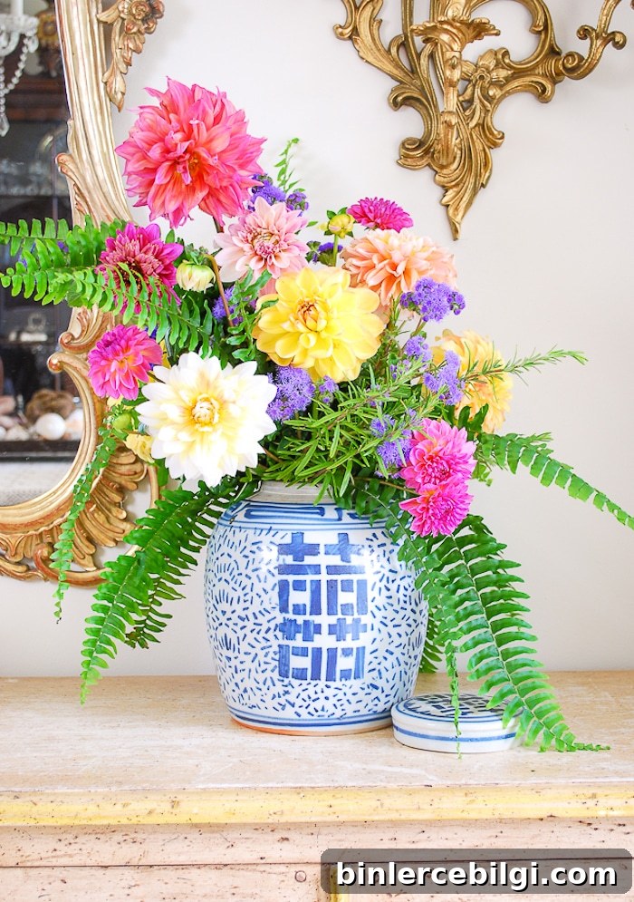 ginger jar vase with vibrant flowers