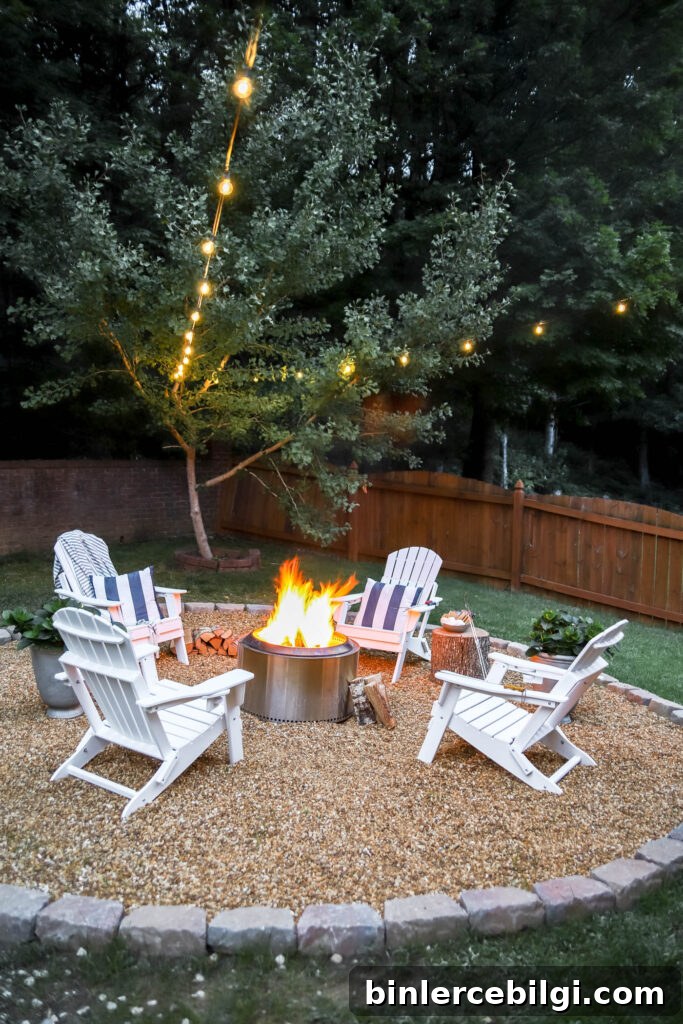 white Adirondack chairs and outdoor fire pit area with solo stove