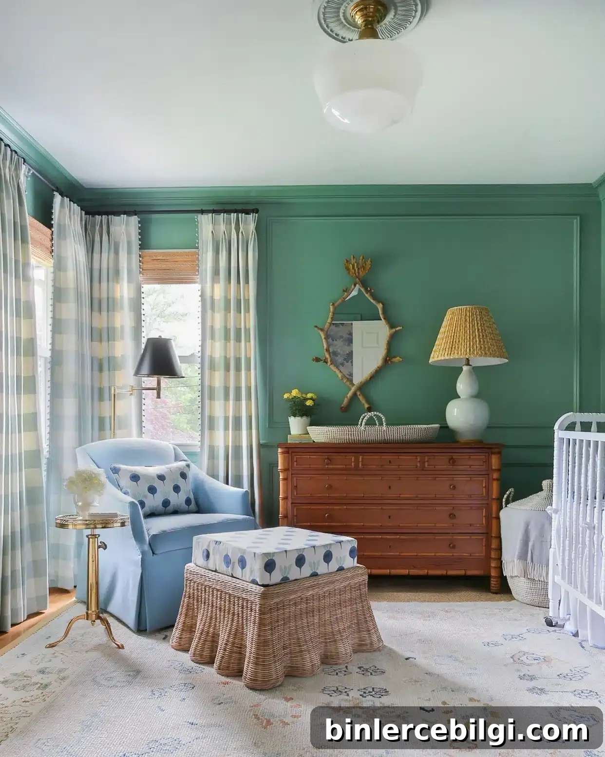 Lehigh Green nursery with blue chair and neutral window treatments.