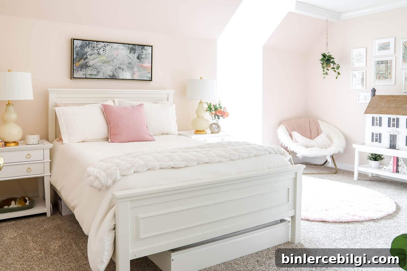 white full size bed with white nightstands and gold hardware in a teen girl bedroom.