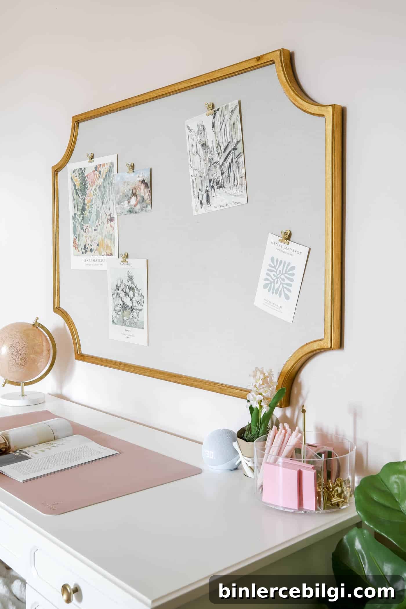 Teen girl study station in a girls bedroom with smart technology like Amazon echo dot.