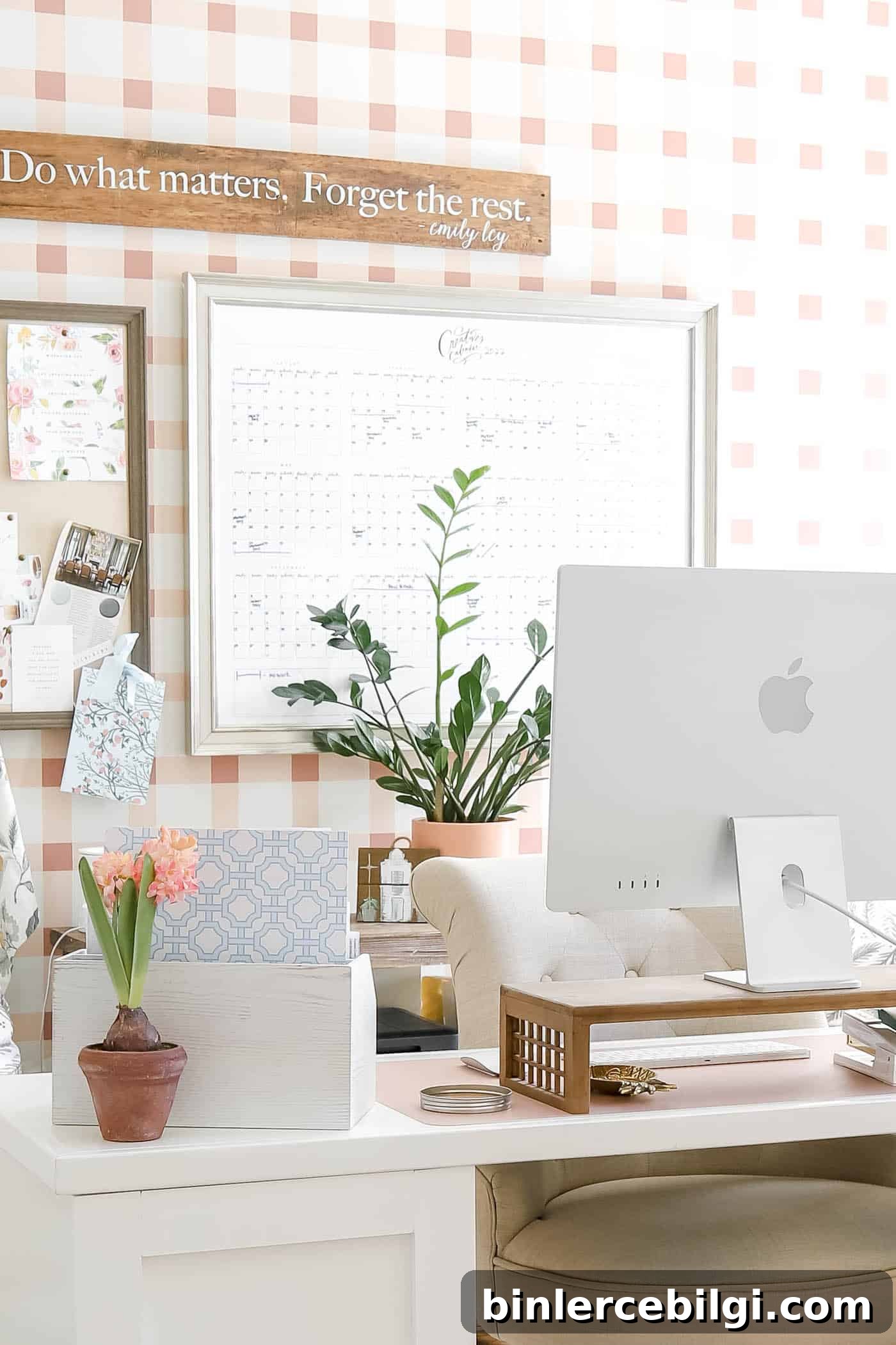 ZZ plant in the background of a feminine office.