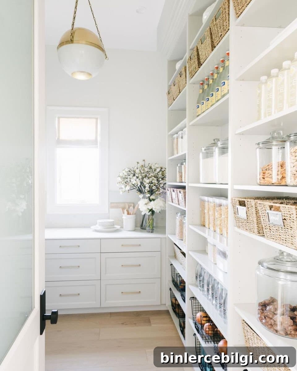 Bright, clean white butler's pantry with open shelving.