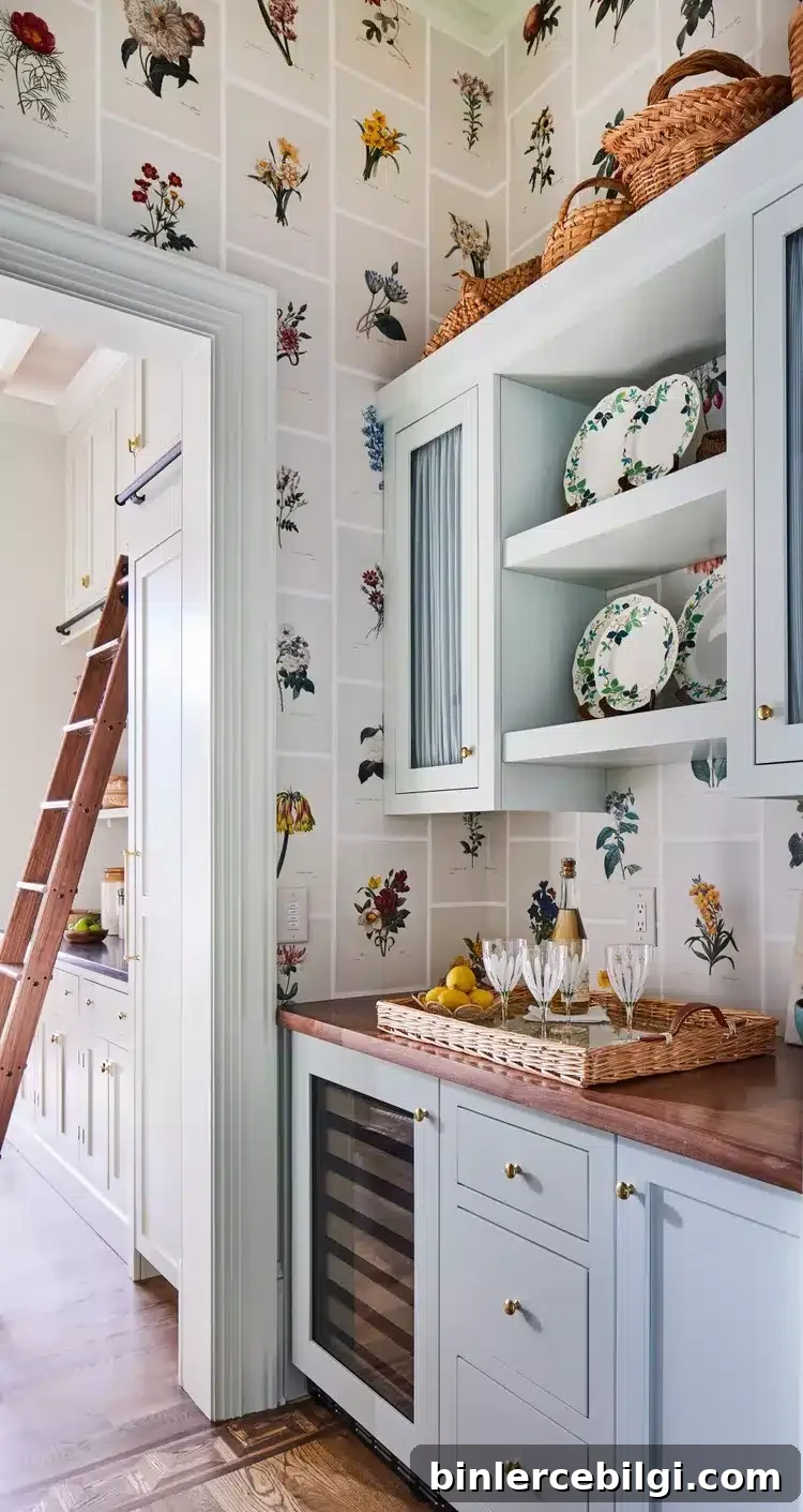 Small butler's pantry with botanical wallpaper and blue cabinets.