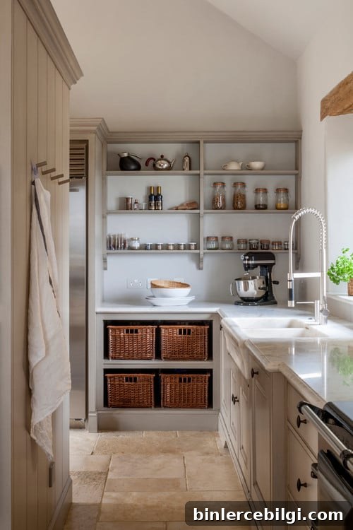 Neutral scullery tucked behind kitchen appliances.
