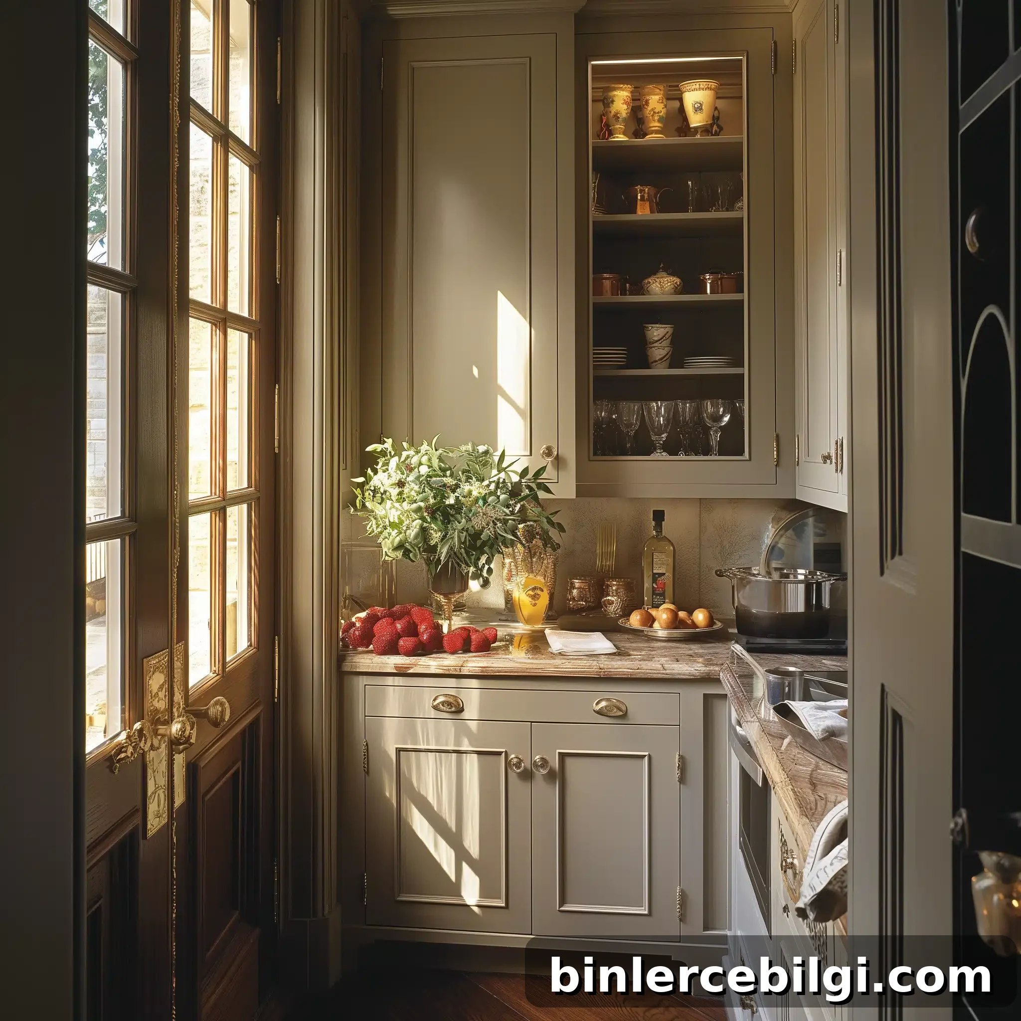 Muted green butler's pantry with wood french doors and stone countertops.