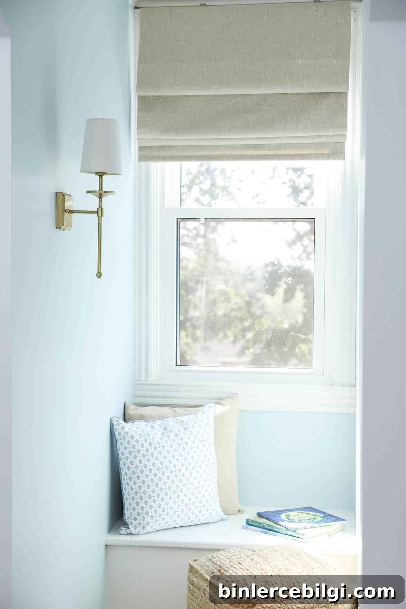 neutral window treatment roman shade for bedroom.