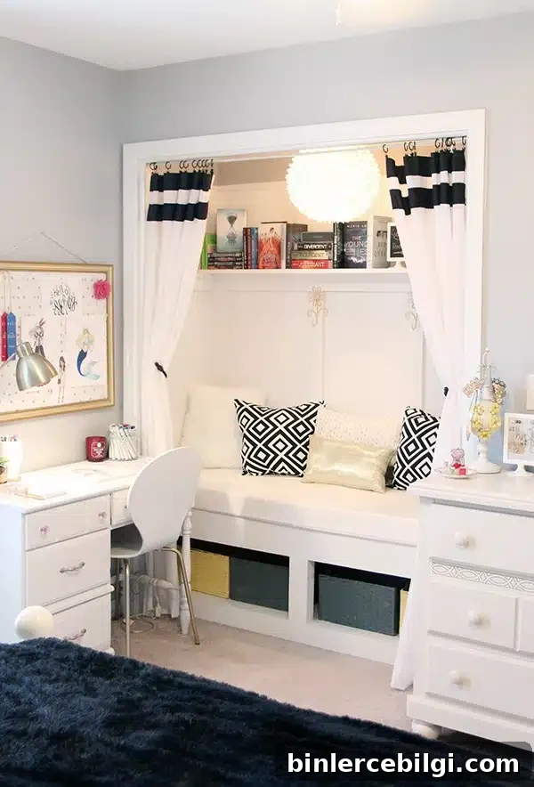 closet conversion into a reading cubby