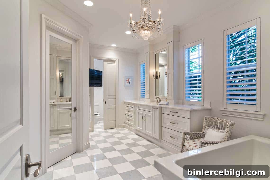 bathroom with light gray and white checkered tile floors.