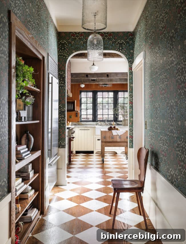 kitchen with wood checkered floors.