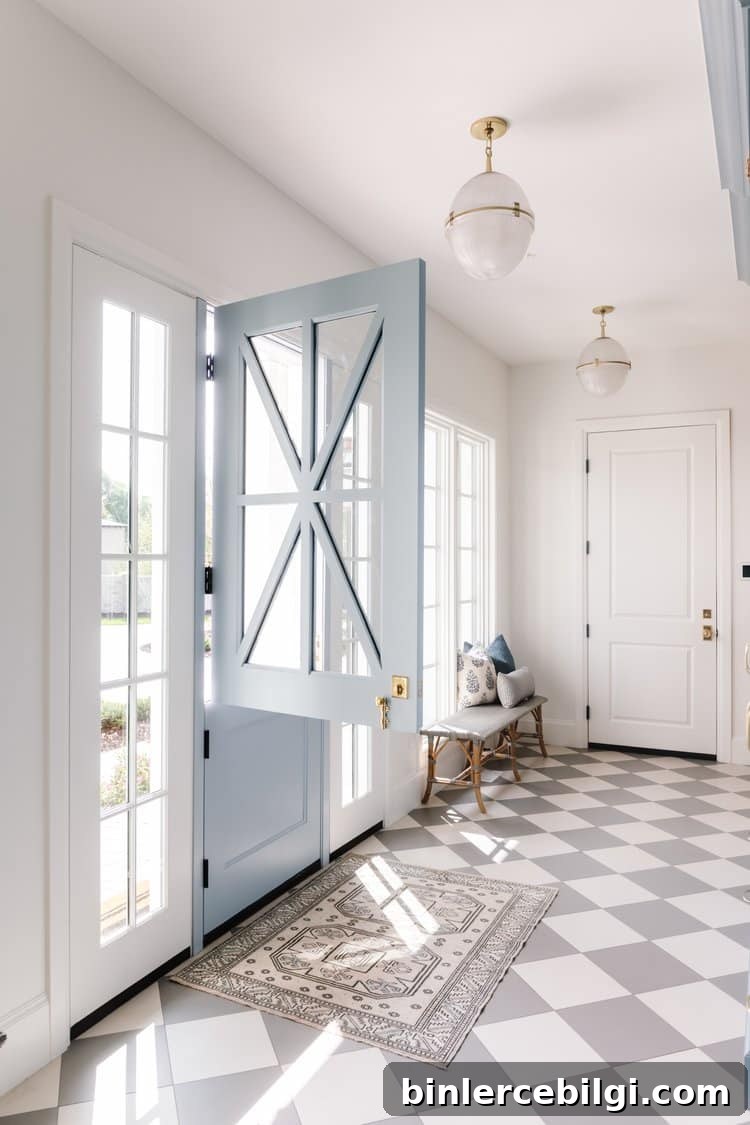 Light blue and white checkered floors in an entry way.