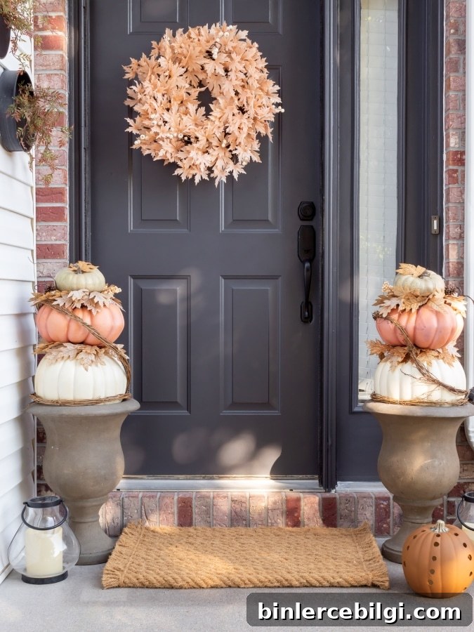neutral gray door with pumpkin topiaries.