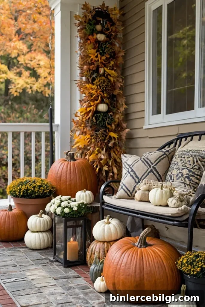 front porch with bench and pumpkins, lanterns and mums.