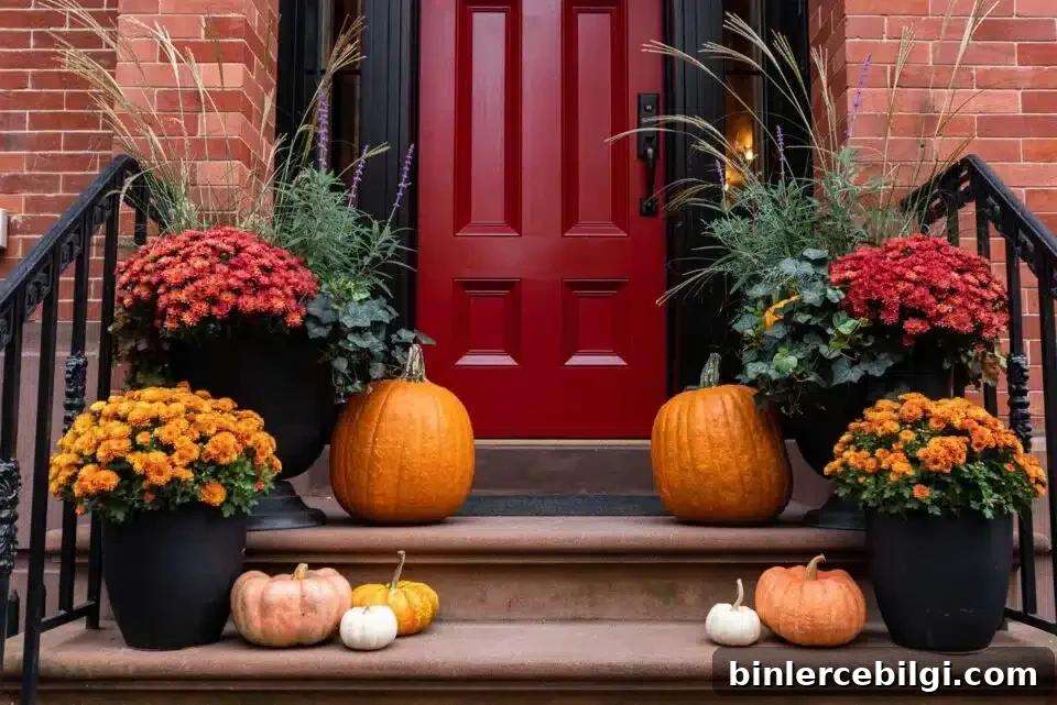 classic autumn colors on a fall porch with mums and pumpkins