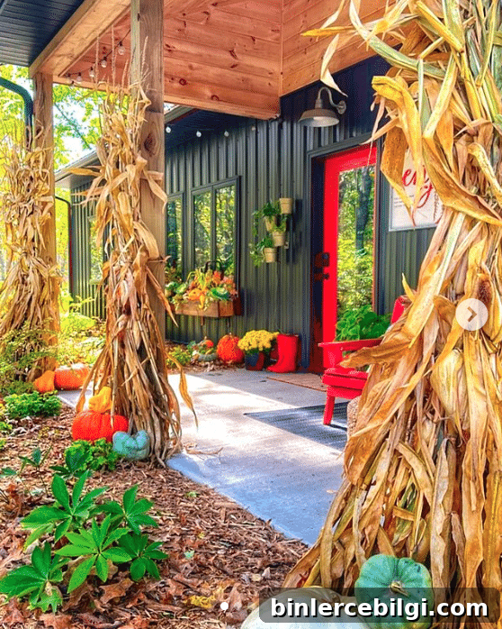 pretty front porch for fall with hay stalks and pumpkins with a red door.