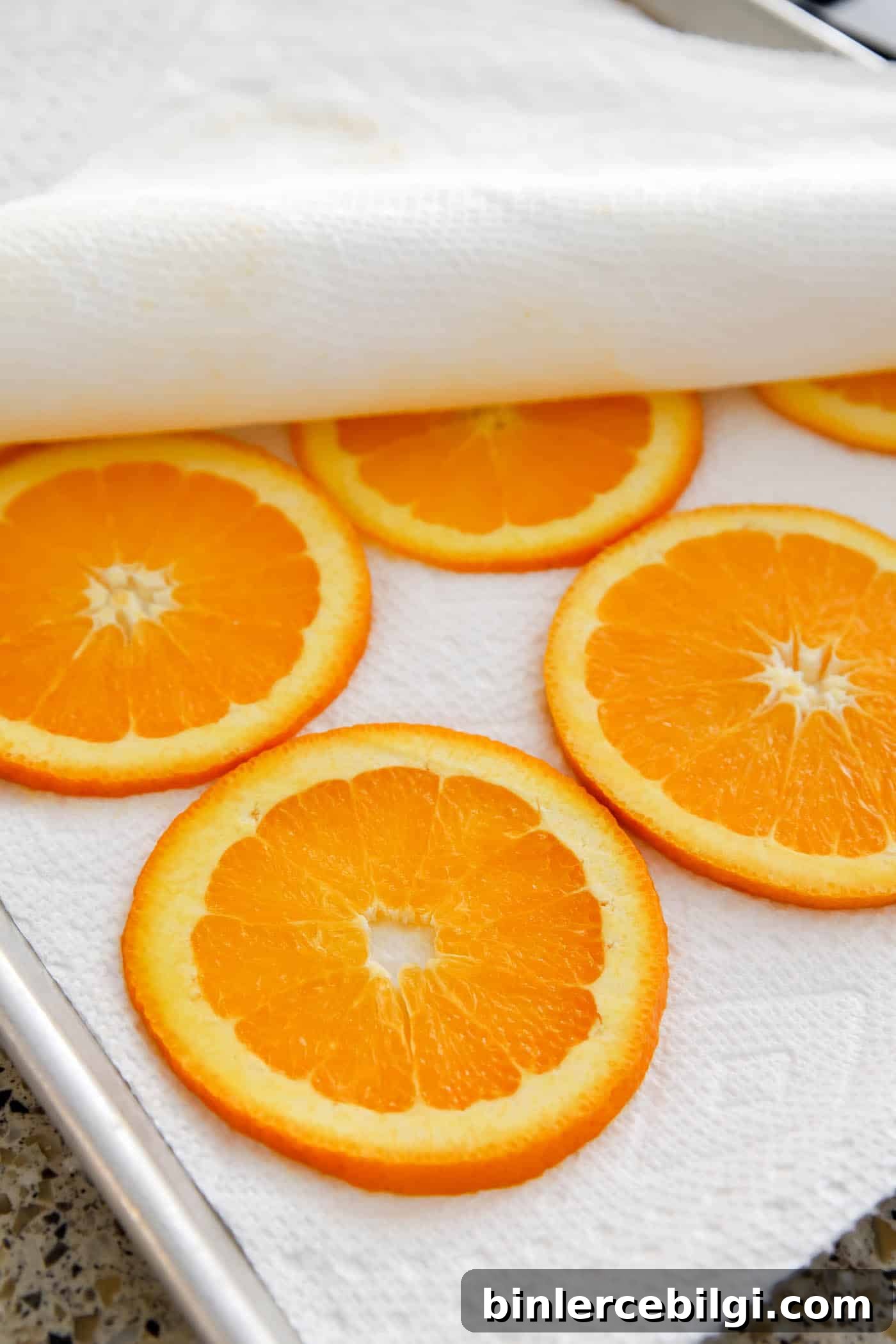 press moisture out of orange slices with paper towels