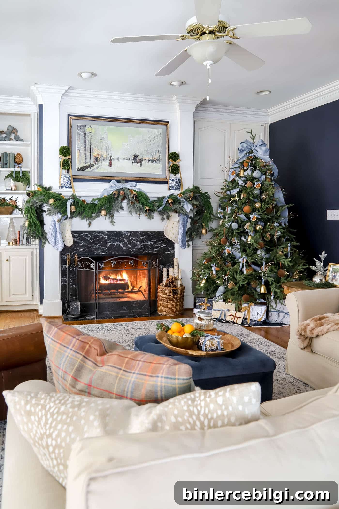 cozy brown, blue and orange Christmas color theme