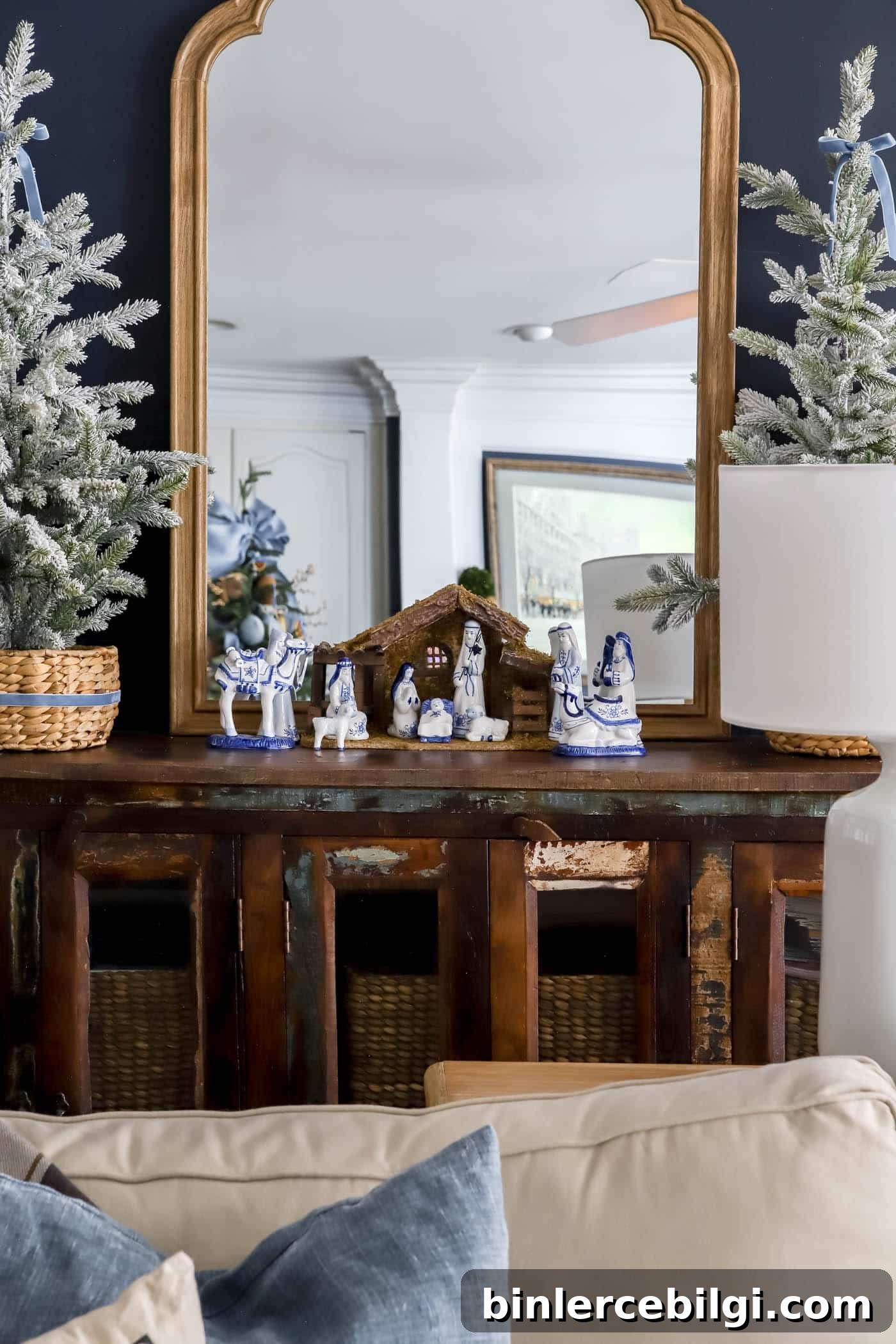 blue and white nativity scene