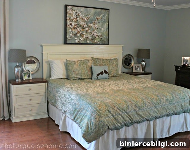 bedroom with large art over the bed.
