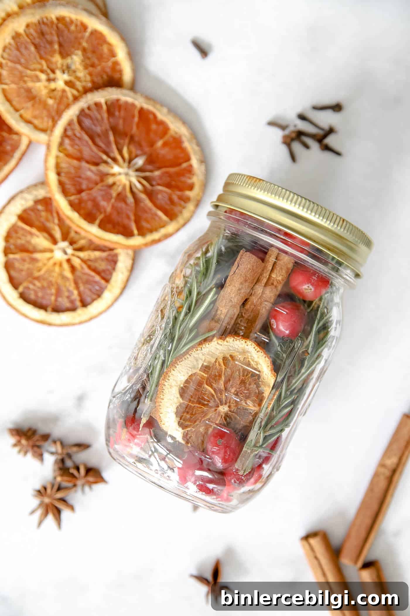 DIY Christmas Simmer Pot Recipe with Free Printable Gift Tags 4 christmas simmer pot ingredients in a mason jar.