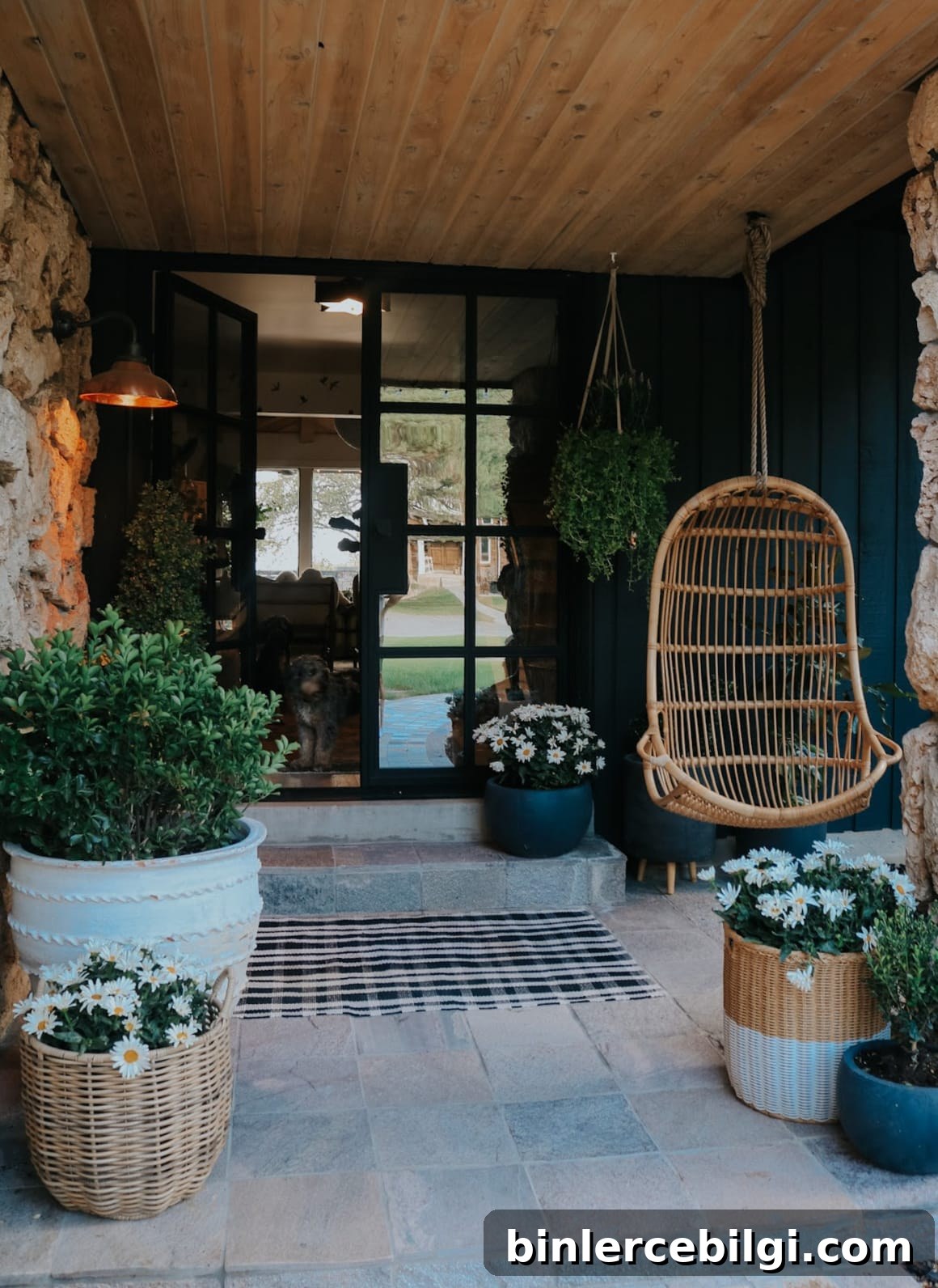 Front porch with hanging plants and hanging chair