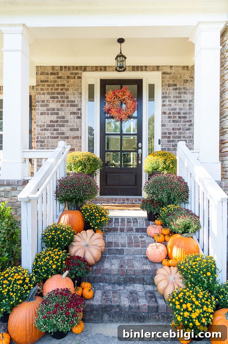 fall front porch with mums