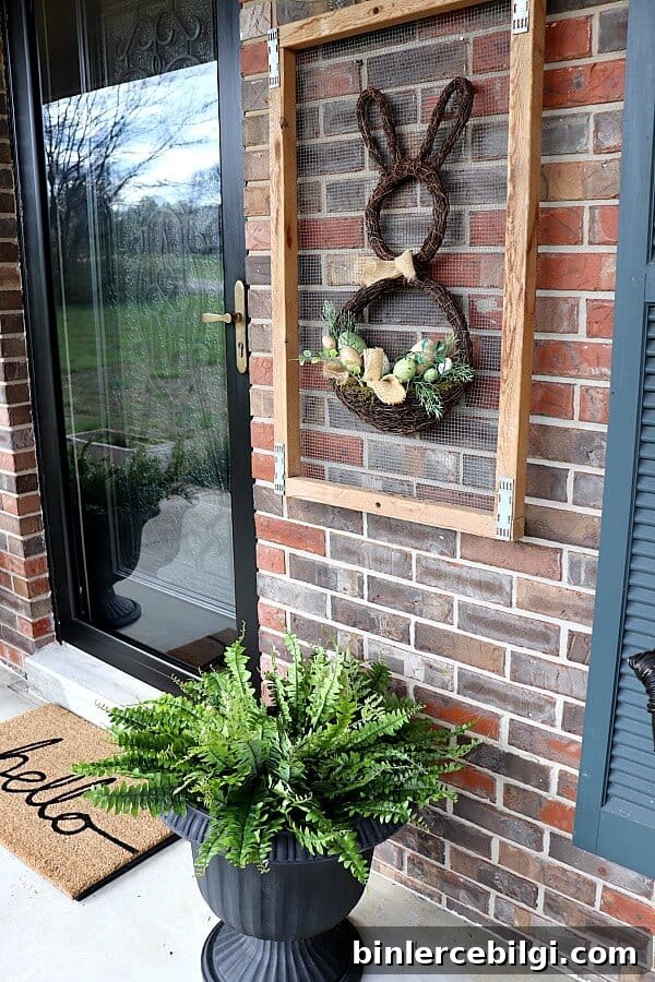 spring wall decor on a small front porch
